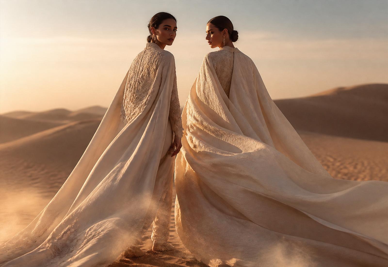Two women in ivory capes walking through the desert
