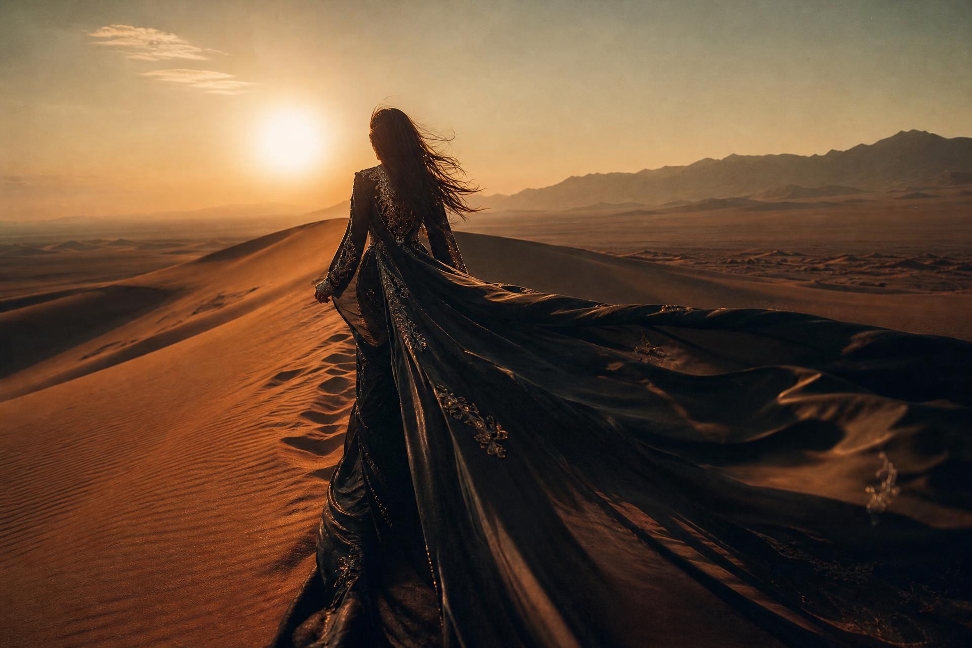 A woman in a flowing couture gown walking along a desert dune at sunset